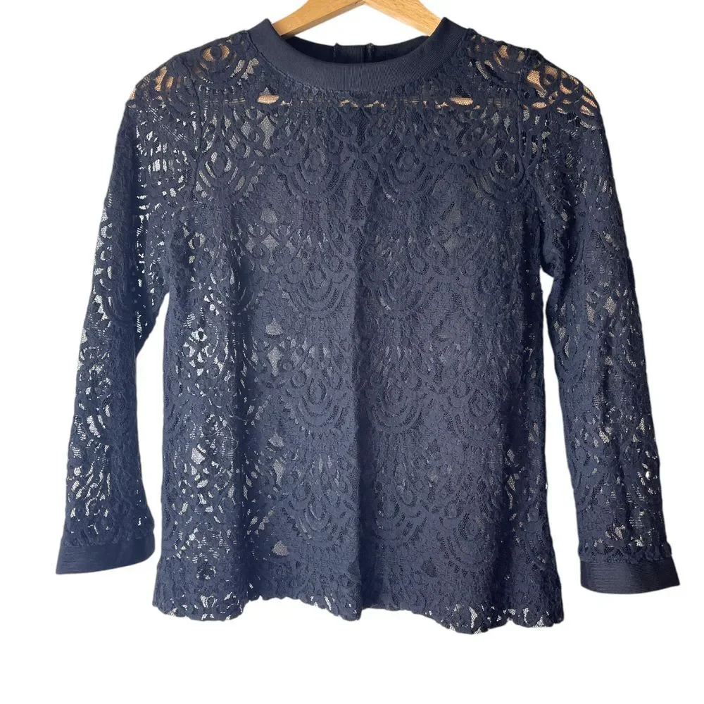Banana Republic Sheer Black Lace‎ Crewneck Top With Back Buttons S